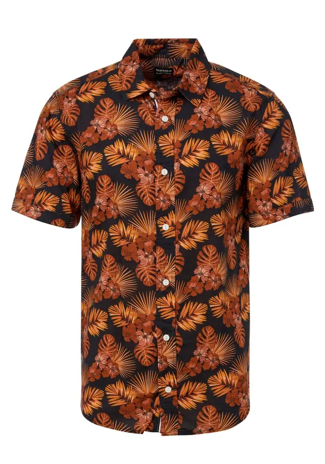 Men Short Sleeves Slim Simad Print Shirt Dusty Orange Buffalo David Bitton Shirts