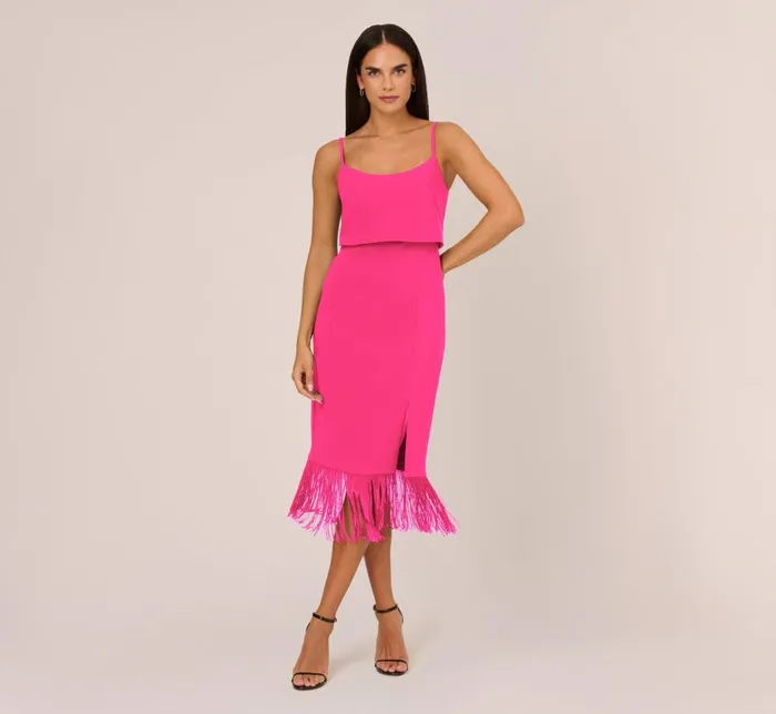Midi Dresses Womens Adrianna Papell Crepe Popover Midi Dress With Fringe Trim In Lipstick Midi Dresses Womens Adrianna Papell Crepe Popover Midi Dress With Fringe Trim In Lipstick