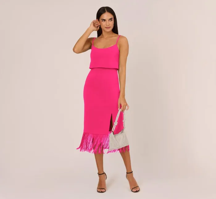Midi Dresses Womens Adrianna Papell Crepe Popover Midi Dress With Fringe Trim In Lipstick
