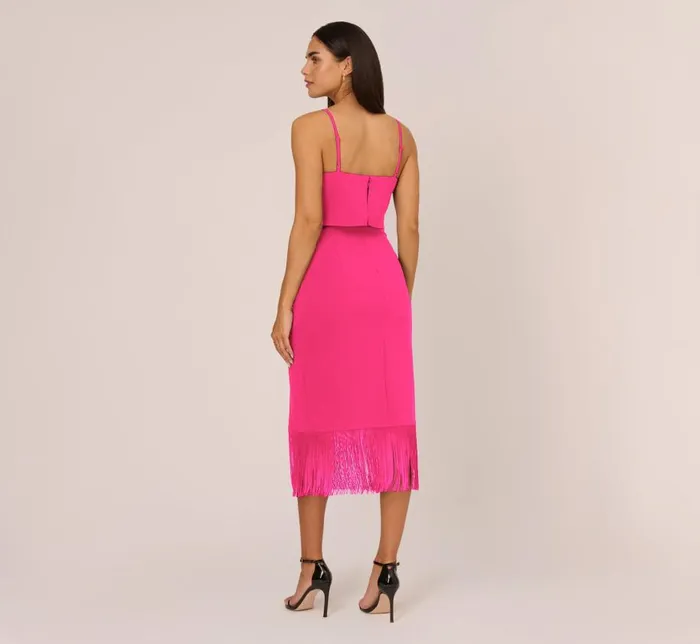 Midi Dresses Womens Adrianna Papell Crepe Popover Midi Dress With Fringe Trim In Lipstick