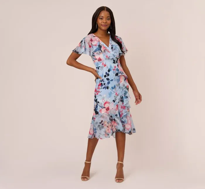 Midi Dresses Womens Adrianna Papell Floral Faux Wrap Dress In Blue Multi