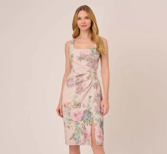 Midi Dresses Womens Adrianna Papell Floral Matelasse Sheath Dress With Draped Details In Marble Multi Midi Dresses Womens Adrianna Papell Floral Matelasse Sheath Dress With Draped Details In Marble Multi