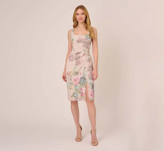 Midi Dresses Womens Adrianna Papell Floral Matelasse Sheath Dress With Draped Details In Marble Multi
