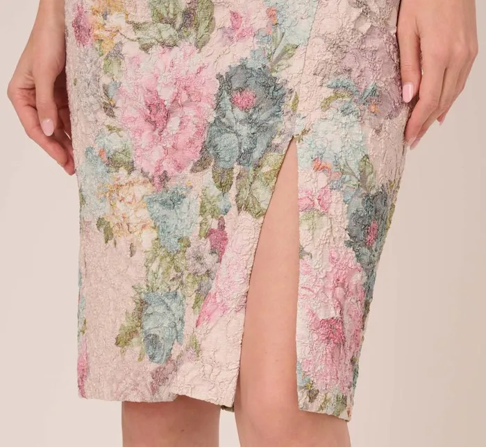 Midi Dresses Womens Adrianna Papell Floral Matelasse Sheath Dress With Draped Details In Marble Multi