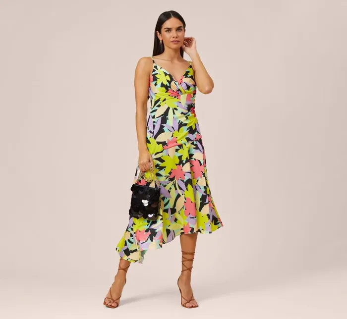 Midi Dresses Womens Adrianna Papell FloralPrint Asymmetrical MidiLength Cocktail Dress In Coral Multi