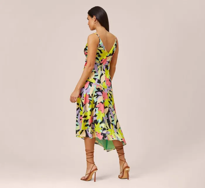 Midi Dresses Womens Adrianna Papell FloralPrint Asymmetrical MidiLength Cocktail Dress In Coral Multi