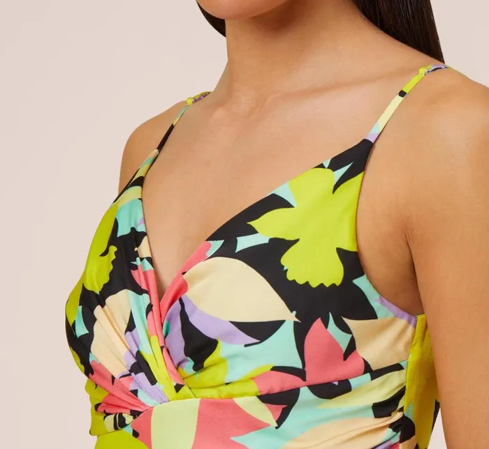 Midi Dresses Womens Adrianna Papell FloralPrint Asymmetrical MidiLength Cocktail Dress In Coral Multi
