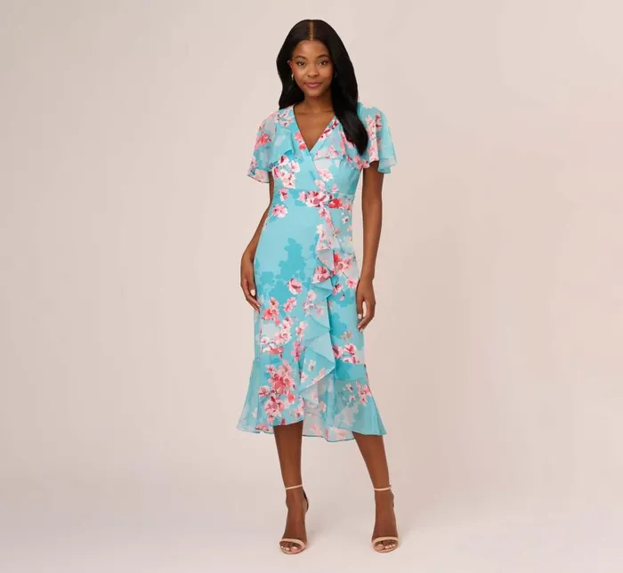 Midi Dresses Womens Adrianna Papell Floral Print Chiffon And Stretch Twill MidiLength Mermaid Dress With Capelet In Aqua Multi
