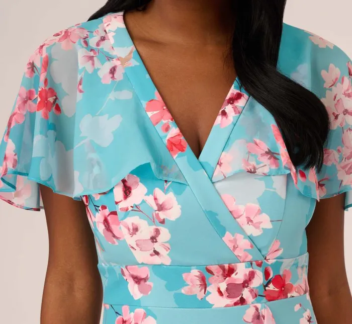 Midi Dresses Womens Adrianna Papell Floral Print Chiffon And Stretch Twill MidiLength Mermaid Dress With Capelet In Aqua Multi