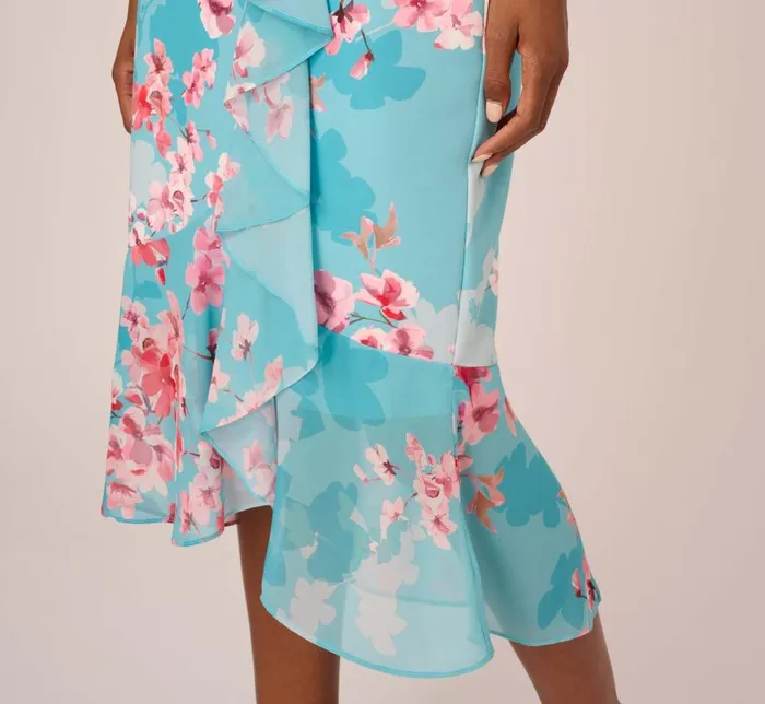 Midi Dresses Womens Adrianna Papell Floral Print Chiffon And Stretch Twill MidiLength Mermaid Dress With Capelet In Aqua Multi