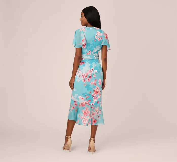 Midi Dresses Womens Adrianna Papell Floral Print Chiffon And Stretch Twill MidiLength Mermaid Dress With Capelet In Aqua Multi