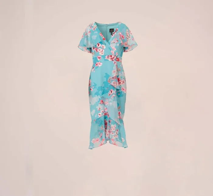 Midi Dresses Womens Adrianna Papell Floral Print Chiffon And Stretch Twill MidiLength Mermaid Dress With Capelet In Aqua Multi