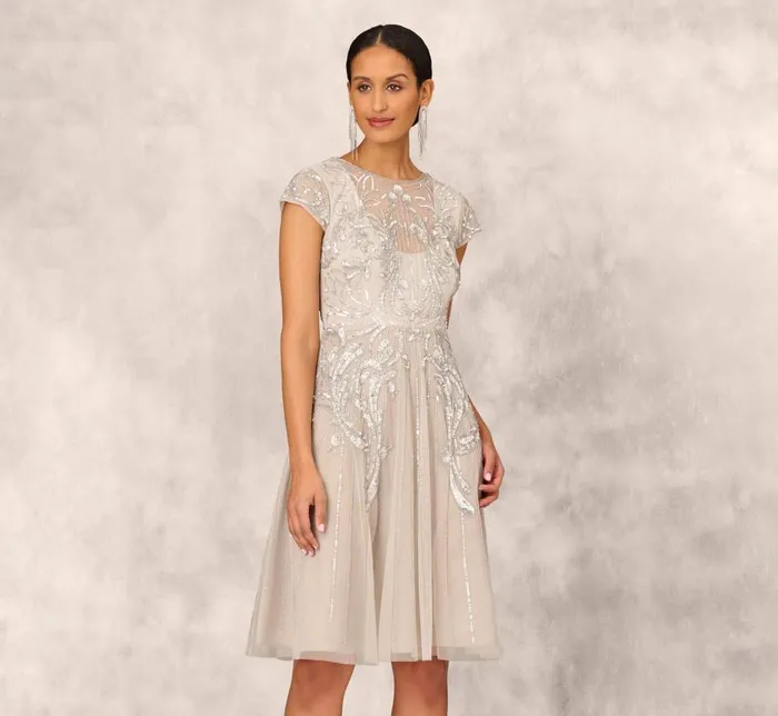 Midi Dresses Womens Adrianna Papell Hand Beaded Illusion MidiLength FitAndFlare Cocktail Dress In Silver Midi Dresses Womens Adrianna Papell Hand Beaded Illusion MidiLength FitAndFlare Cocktail Dress In Silver