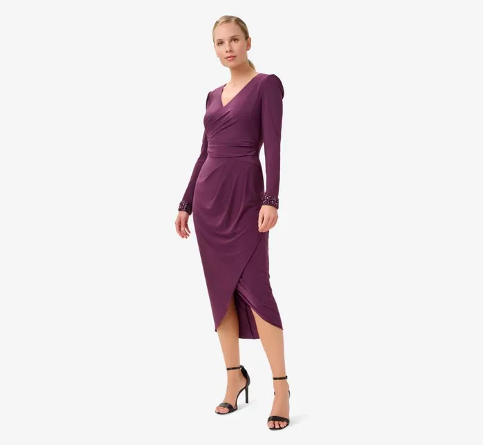 Midi Dresses Womens Adrianna Papell Jersey MidiLength Wrap Dress With Beaded Cuff In Rich Shiraz