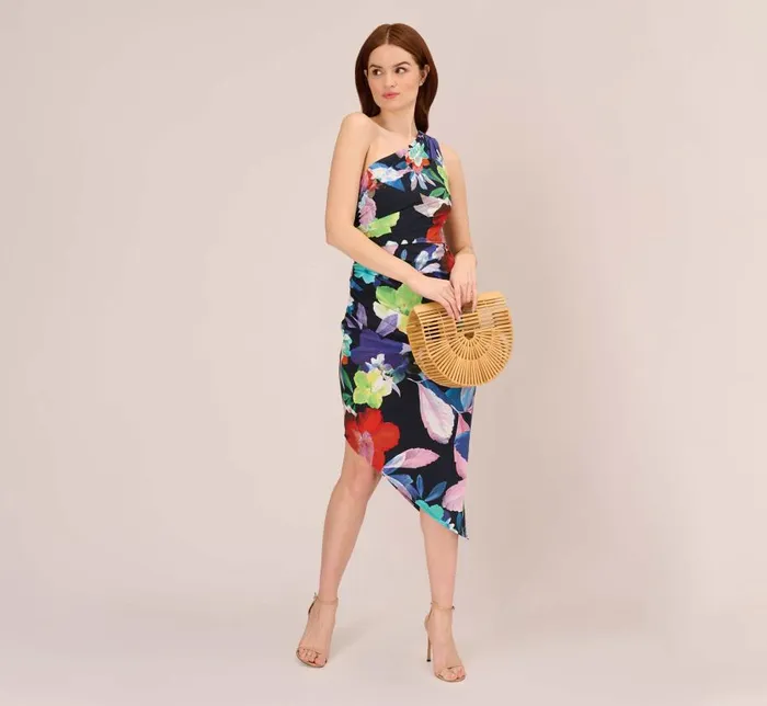 Midi Dresses Womens Adrianna Papell Multicolor Floral Jersey Midi Dress With One Shoulder Neckline In Dark Navy Multi Midi Dresses Womens Adrianna Papell Multicolor Floral Jersey Midi Dress With One Shoulder Neckline In Dark Navy Multi