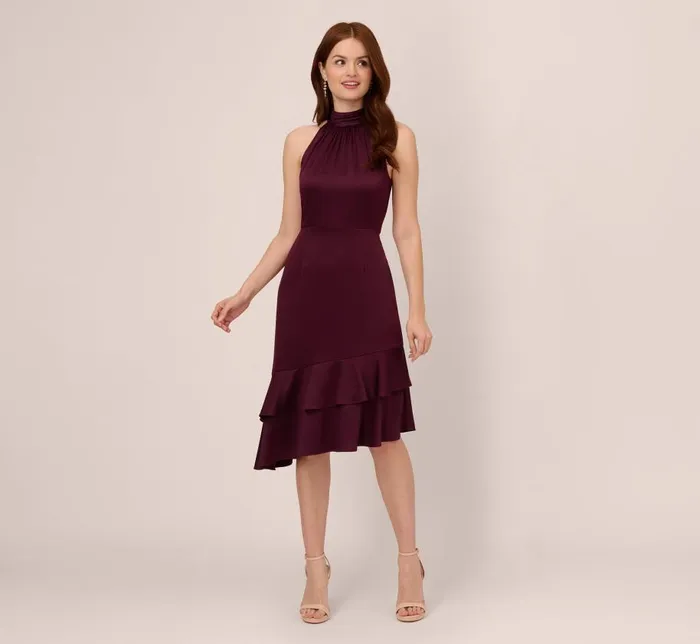 Midi Dresses Womens Adrianna Papell Satin Crepe Halter Midi Dress With Ruffled Hem In Bordeaux Glow Midi Dresses Womens Adrianna Papell Satin Crepe Halter Midi Dress With Ruffled Hem In Bordeaux Glow