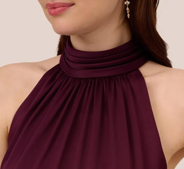 Midi Dresses Womens Adrianna Papell Satin Crepe Halter Midi Dress With Ruffled Hem In Bordeaux Glow