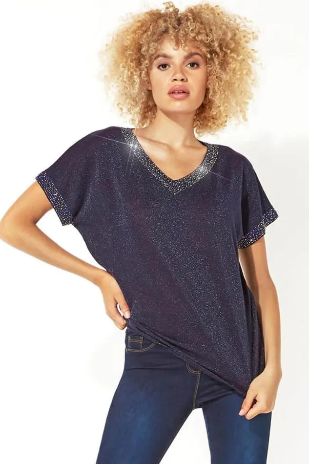 Midnight Blue Sparkle Embellished Knit Top Women Roman Tops