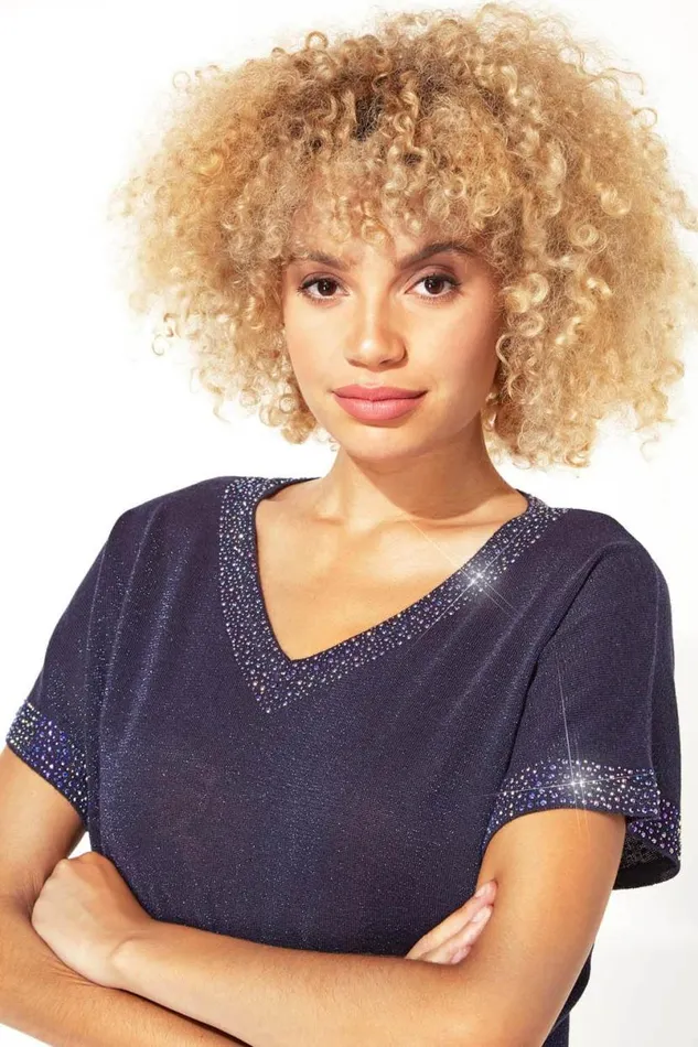 Midnight Blue Sparkle Embellished Knit Top Women Roman Tops