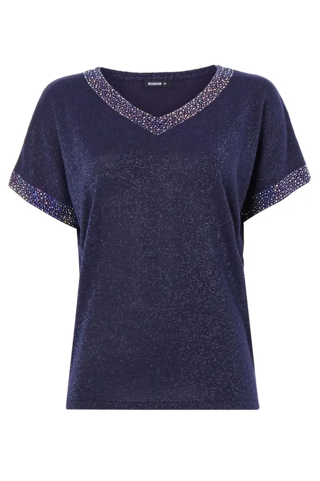 Midnight Blue Sparkle Embellished Knit Top Women Roman Tops