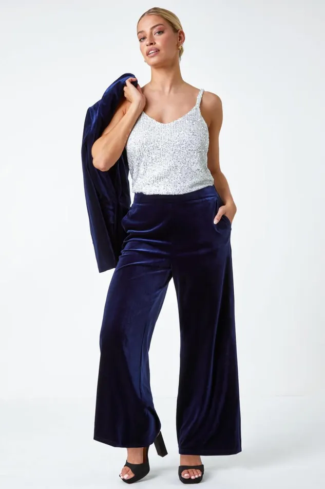 Midnight Blue Velvet Elastic Waist Wide Leg Trousers Women Roman Occasionwear