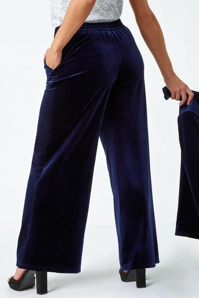 Midnight Blue Velvet Elastic Waist Wide Leg Trousers Women Roman Occasionwear