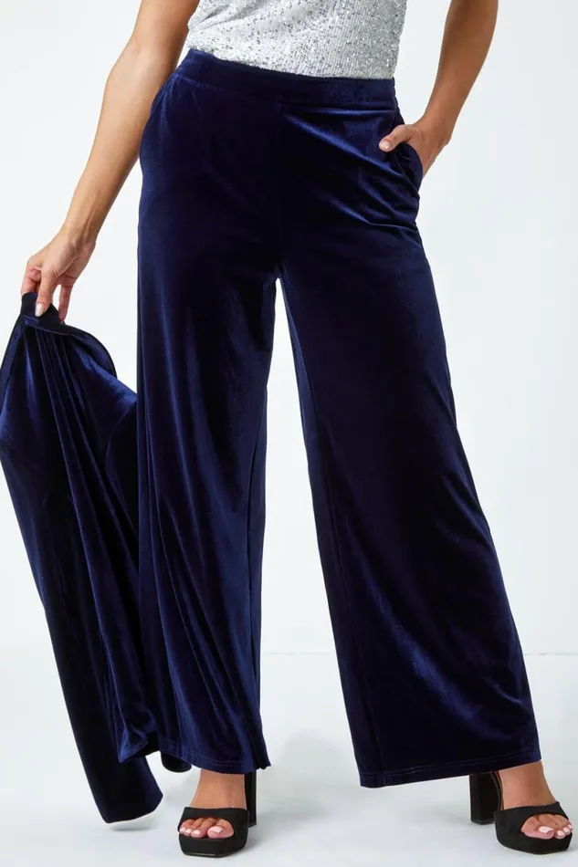 Midnight Blue Velvet Elastic Waist Wide Leg Trousers Women Roman Occasionwear