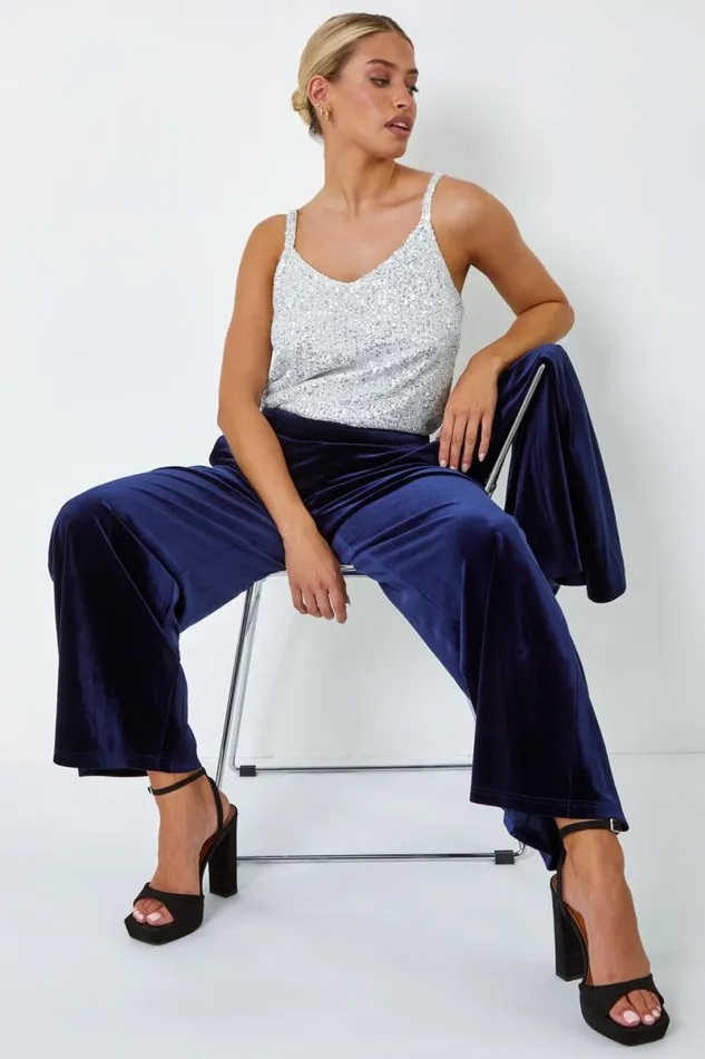 Midnight Blue Velvet Elastic Waist Wide Leg Trousers Women Roman Occasionwear