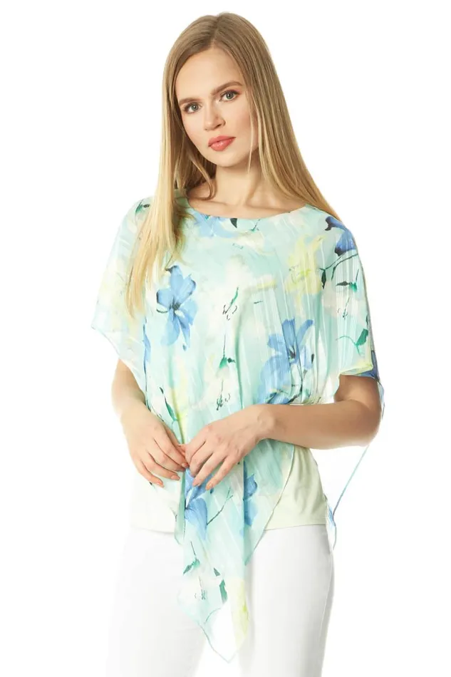 Mint Floral Print Asymmetric Overlay Top Women Roman Tops