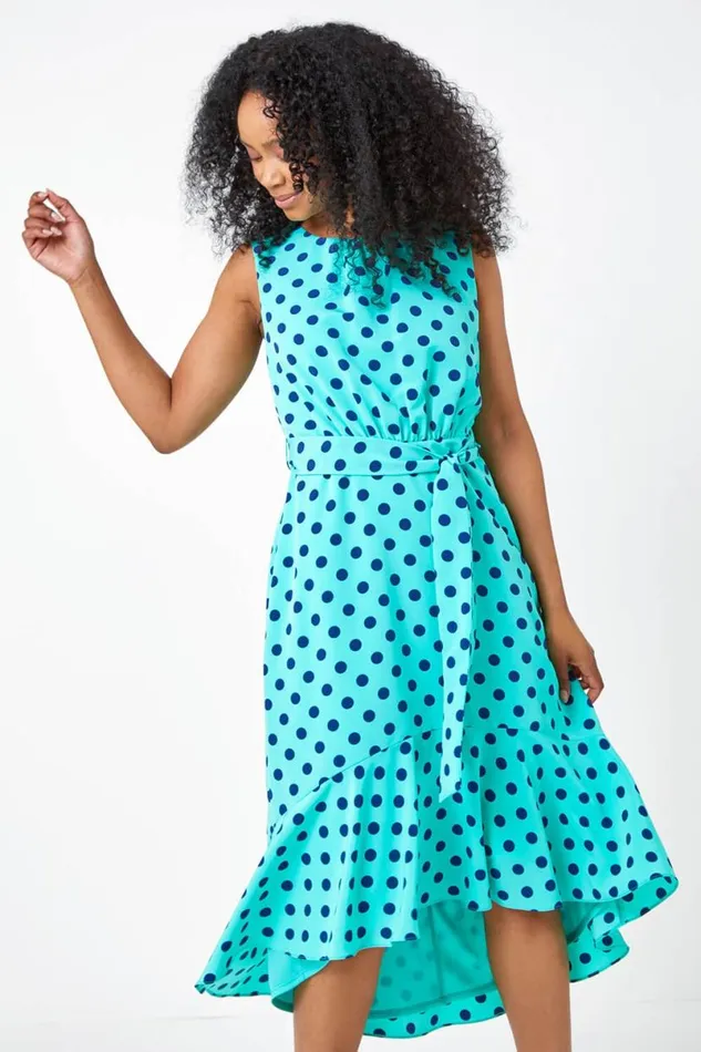 Mint Petite Polka Dot Belted Chiffon Dress Women Roman Dresses