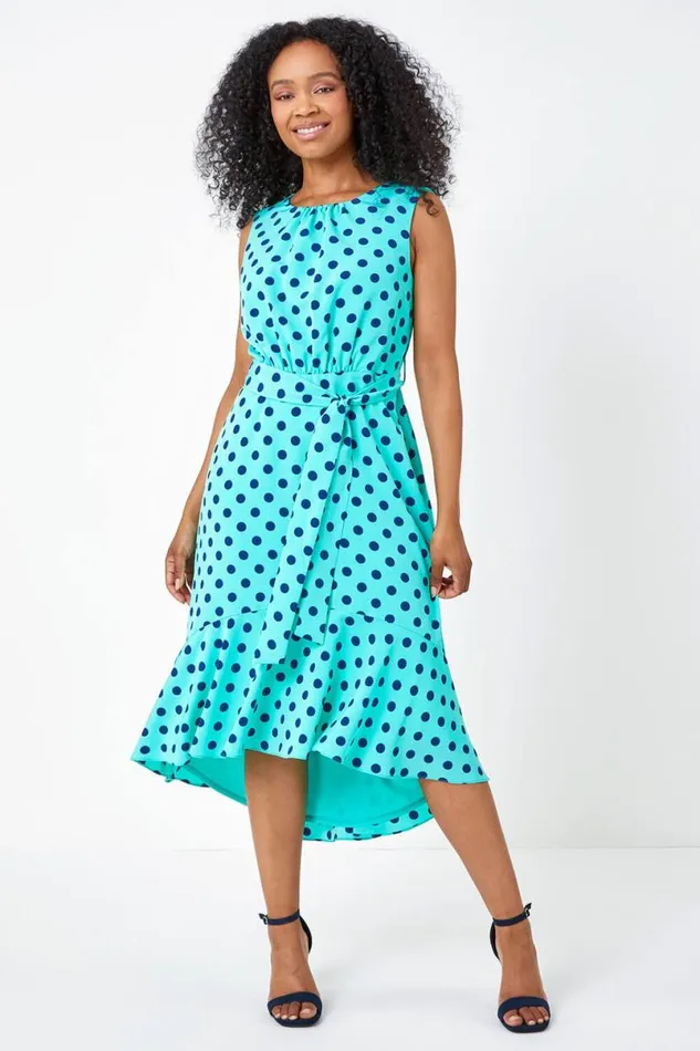 Mint Petite Polka Dot Belted Chiffon Dress Women Roman Dresses