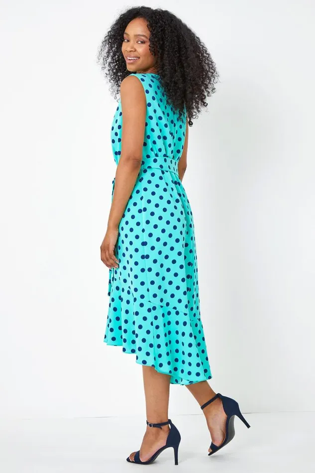 Mint Petite Polka Dot Belted Chiffon Dress Women Roman Dresses