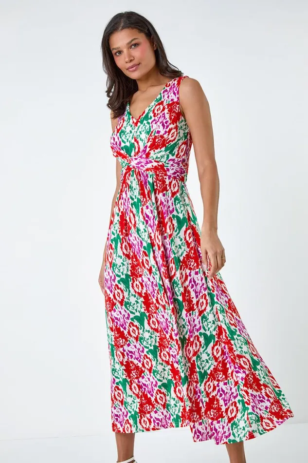 Multi Aztec Print Twist Waist Midi Dress Women Roman Dresses