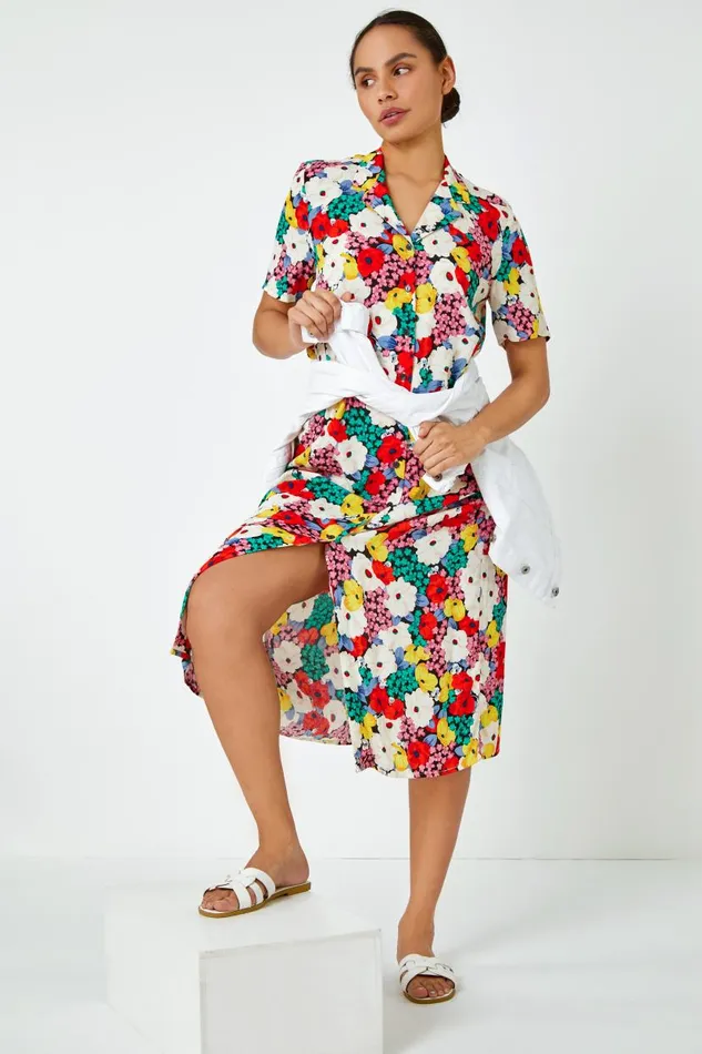 Multi Bold Floral Shirt Dress Women Roman Dresses