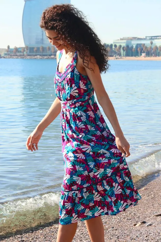 Multi Palm Print Midi Length Sun Dress Women Roman Dresses