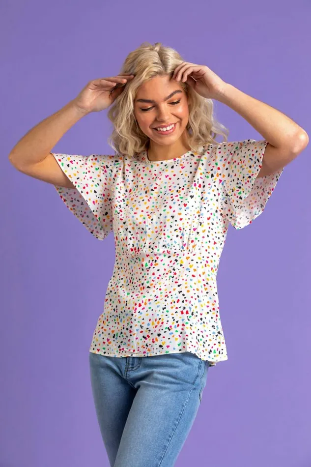 Multi Scattered Spot Print Flared Top Women Roman Tops