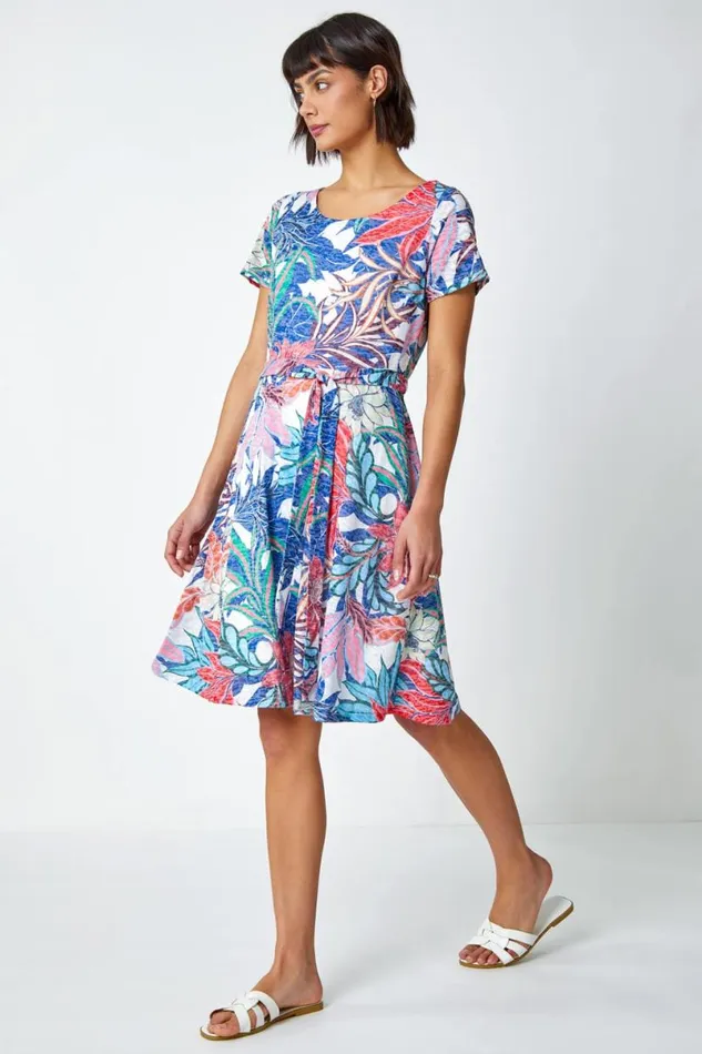 Multi Tropical Burnout Print Belted Dress Women Roman Dresses