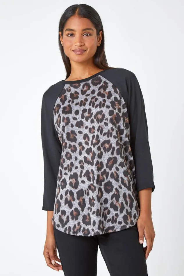 Natural Animal Print Stretch Top Women Roman Tops