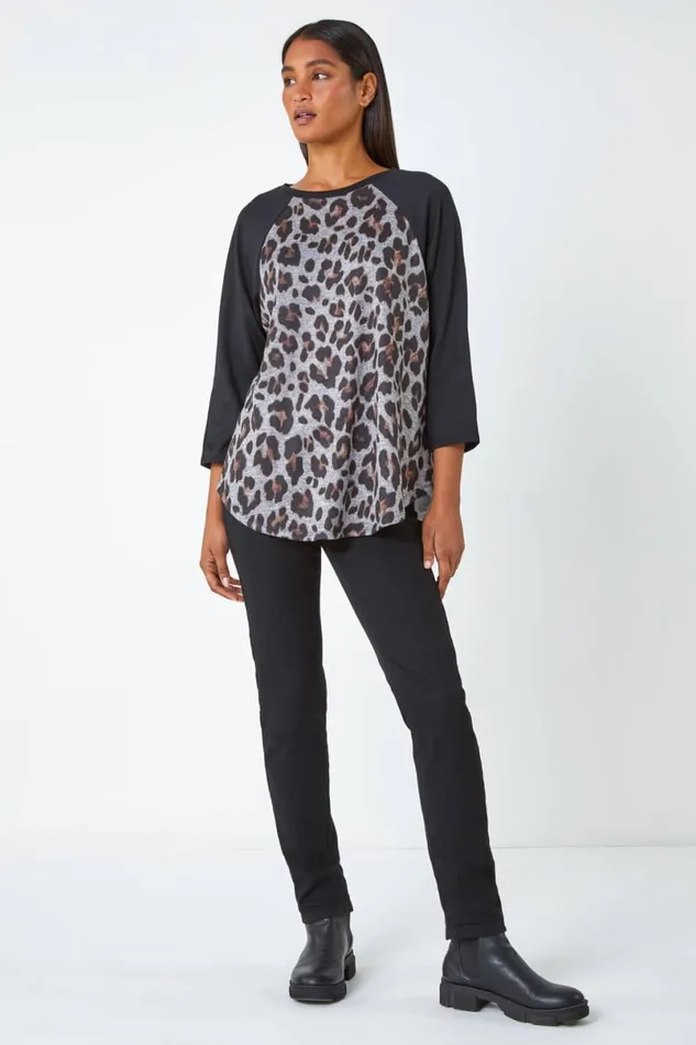 Natural Animal Print Stretch Top Women Roman Tops