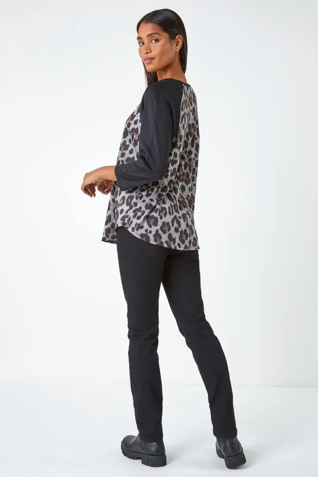 Natural Animal Print Stretch Top Women Roman Tops
