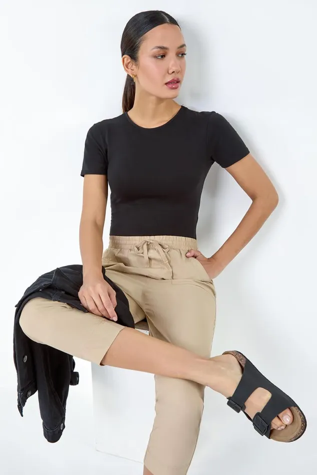 Natural Cotton Elastic Waist Cropped Cargo Trousers Women Roman Trousers