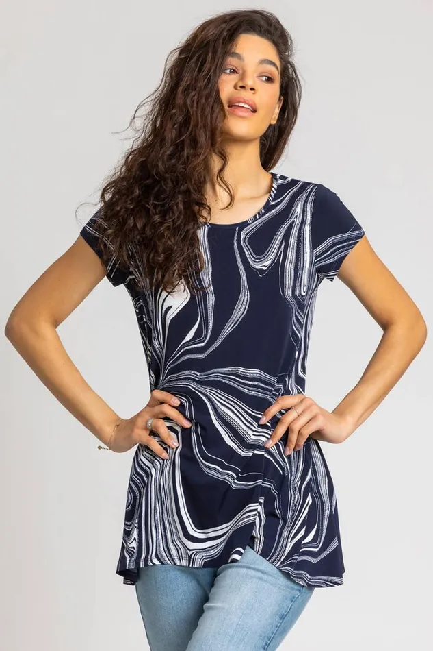 Navy Abstract Linear Print Stretch Top Women Roman Tops