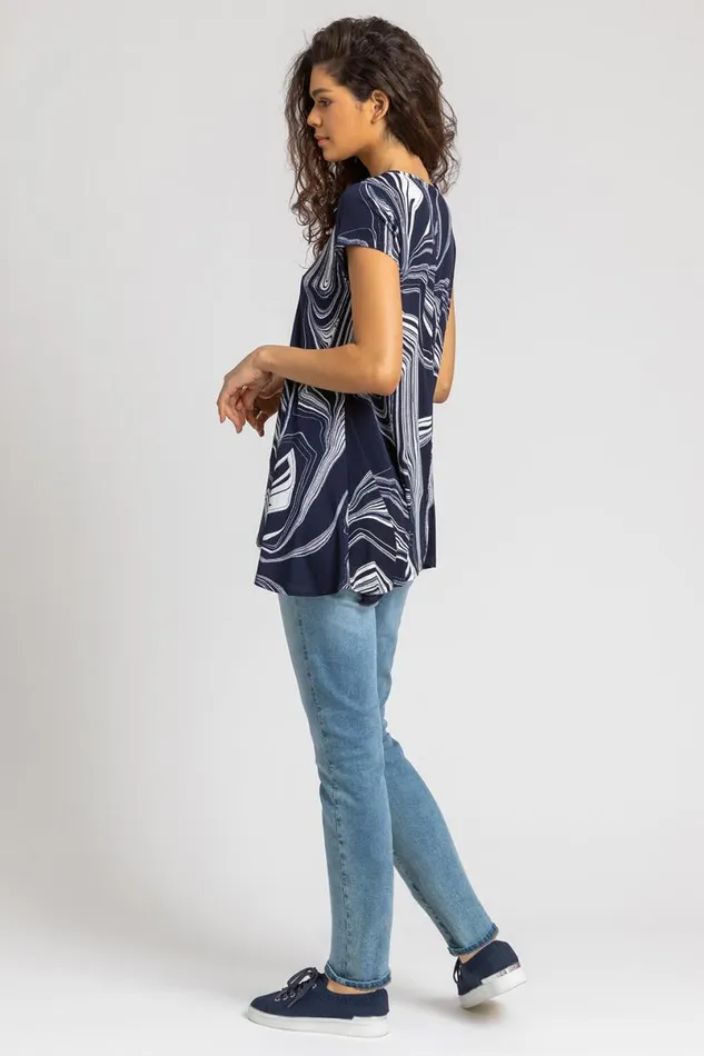 Navy Abstract Linear Print Stretch Top Women Roman Tops
