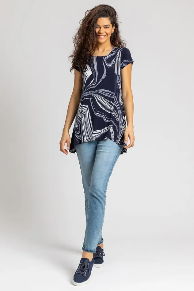 Navy Abstract Linear Print Stretch Top Women Roman Tops