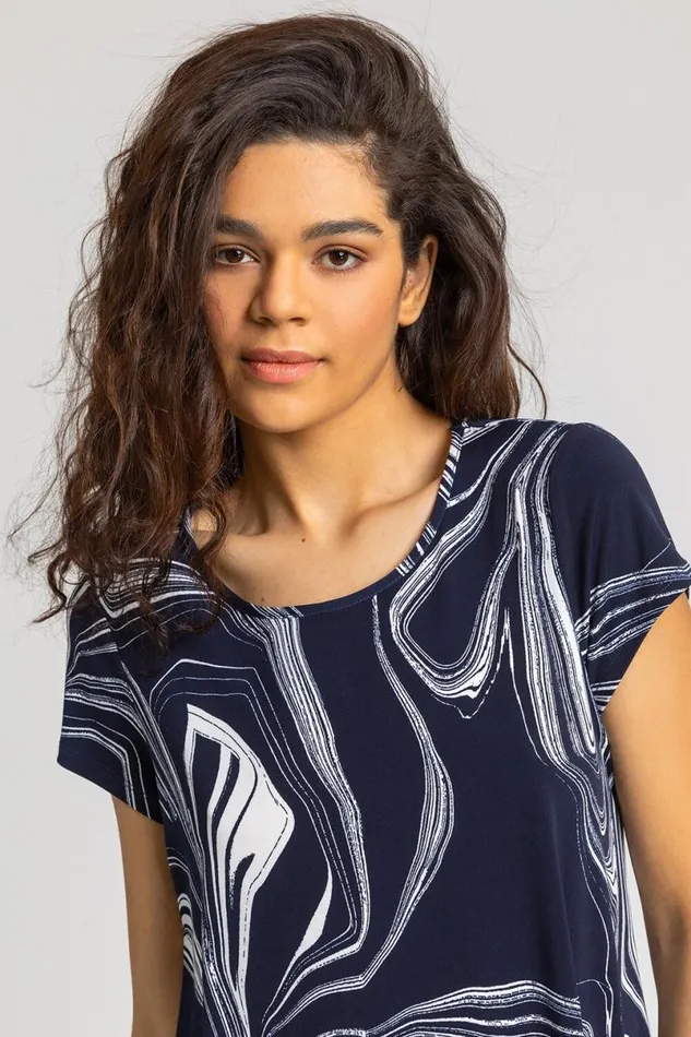 Navy Abstract Linear Print Stretch Top Women Roman Tops