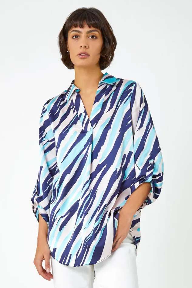 Navy Abstract Print Collared Overshirt Women Roman Blouses and Shirts
