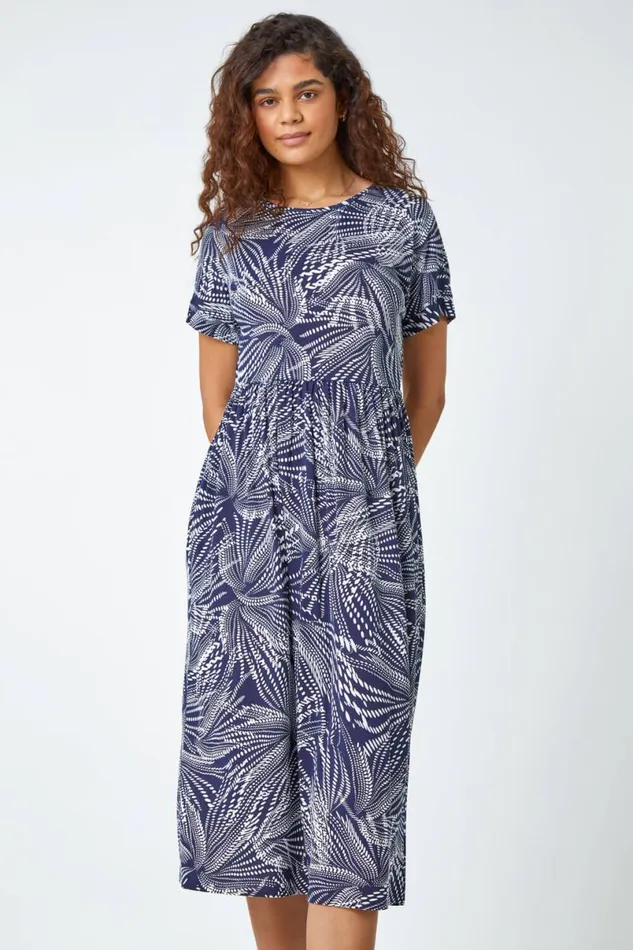Navy Abstract Print Midi Stretch Dress Women Roman Dresses
