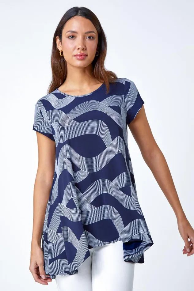 Navy Abstract Swirl Print Stretch Tunic Top Women Roman Tops