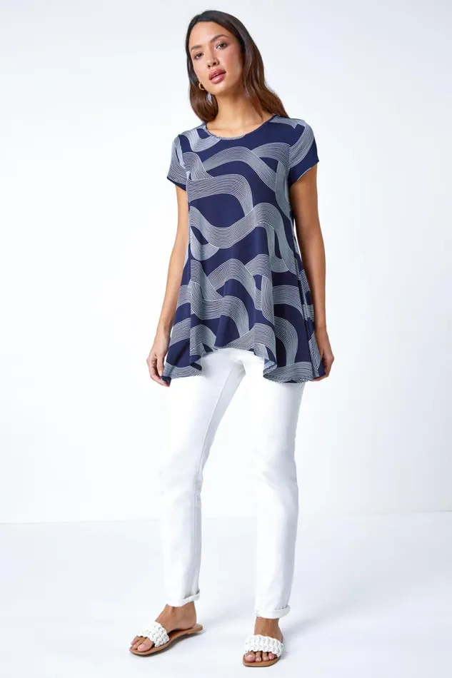 Navy Abstract Swirl Print Stretch Tunic Top Women Roman Tops