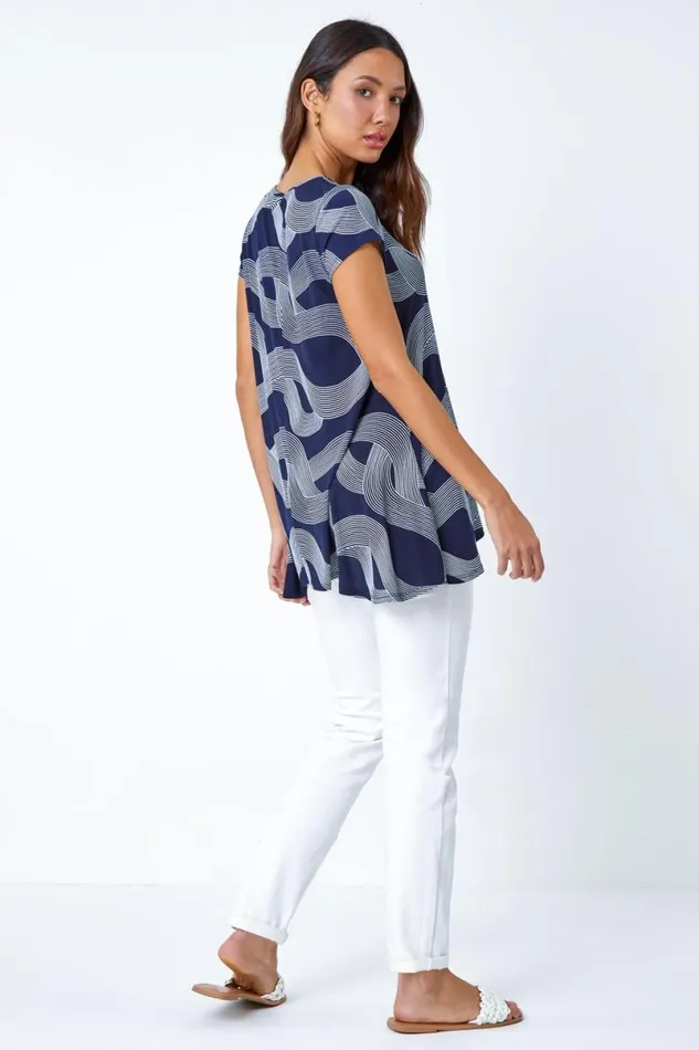 Navy Abstract Swirl Print Stretch Tunic Top Women Roman Tops